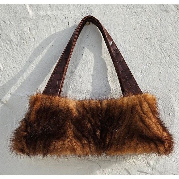 Paolo Masi Handbags - Vtg Paolo Masi Brown Mink Fur Handbag Genuine Crocodile Strap Tote Purse Italy